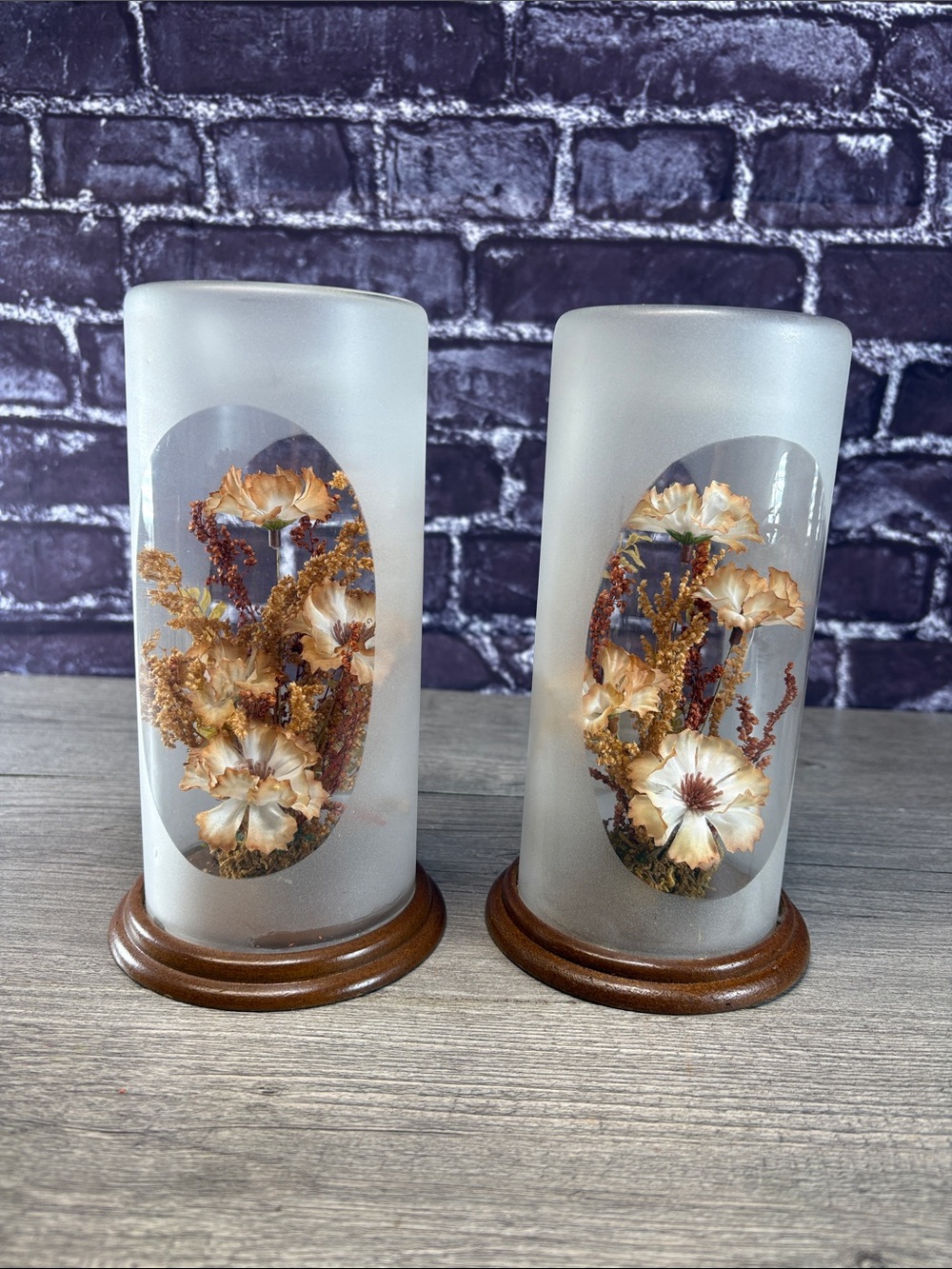 Vintage 1970s Frosted Glass Dried Flowers  Cloche Set
